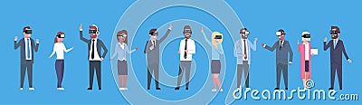 Business People Group Wearing Vr Headset Virtual Reality Glasses Horizontal Banner Vector Illustration