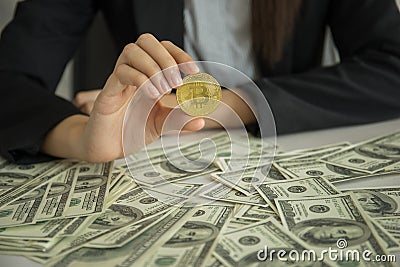 Business people hand holding gold bitcoin. Digital money Stock Photo