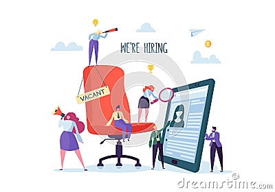 Business People Hiring New Staff. Office chair with vacancy sign. Head Hunters. Flat Characters are Examining a Resume Vector Illustration