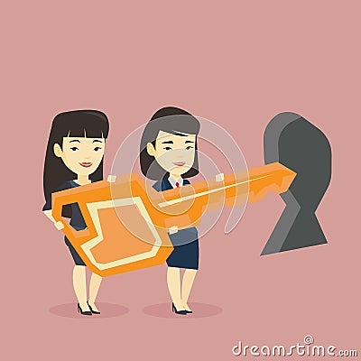 Business people holding key in front of keyhole. Vector Illustration