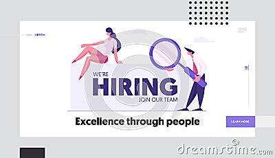 Business People Holding Magnifier Glass at Huge Billboard. Job Hiring, Vacancy, Recruitment, Agency Interview Vector Illustration