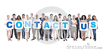 Business People Holding Placards Forming Contact Us Stock Photo