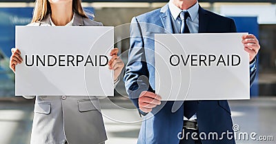 Business people holding UNDERPAID and OVERPAID white placard Stock Photo