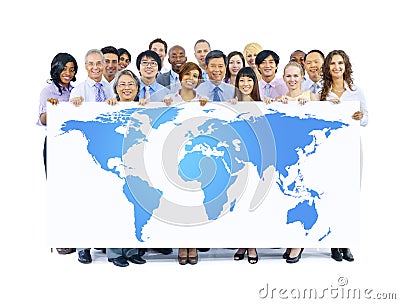 Business People Holding World Map Stock Photo