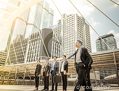 Business People Inspiration Goals Mission Growth Success looking out of the frame - future concept. Stock Photo