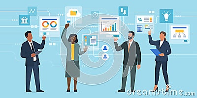 Business people interacting with digital interfaces Vector Illustration