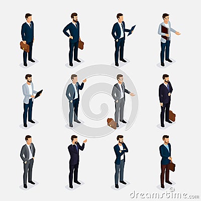 Business people isometric set with men in suits, beard styling stylish hairstyle mustache office isolated. Vector Illustration