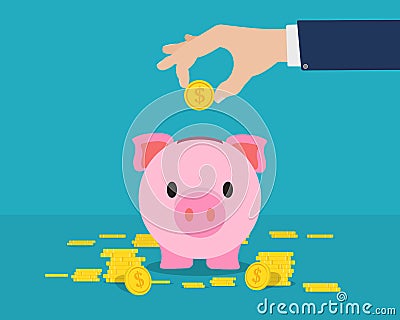 Business people keep money in pink pig piggy bank On the other side were gold coins. Save money for your business Vector Illustration