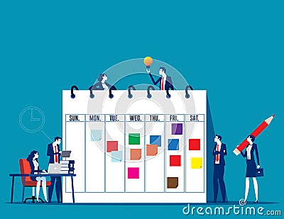 Business people are making plans around large calendar. Weekly planning Vector Illustration