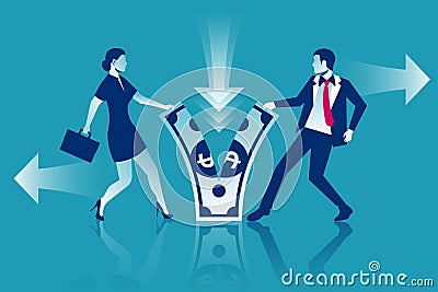 Business people man and woman fight for money. Divide profits. Financial conflict. Vector Illustration