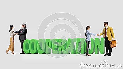 Business people, man and woman, shaking hands due to successful deal. 3D cooperation word Stock Photo