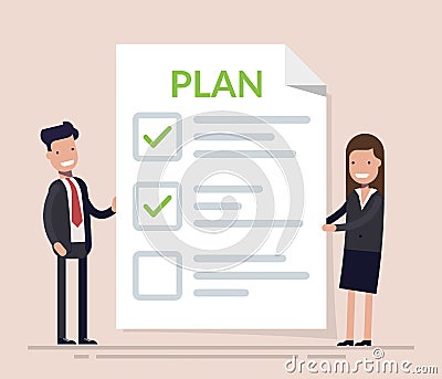 Business people, man and woman standing with big clipboard and checklist. Concept business plan in action. Happy Vector Illustration