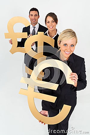 Business People Man and Women Holding Currency Pound Dollar Euro Symbols Stock Photo