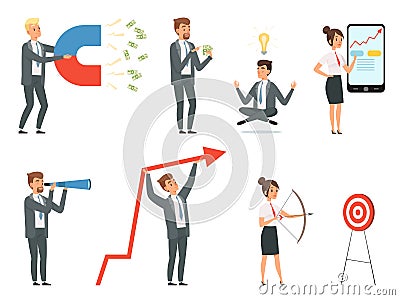 Business people. Managers male and female with tools making deals on their workspaces vector concept characters at work Vector Illustration