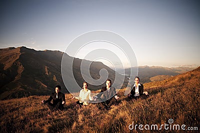 Business People Meditating Mountains Stock Photo