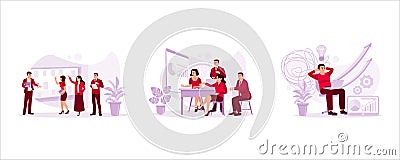 Business people meet in the office and use sticky notes to share ideas. Vector Illustration