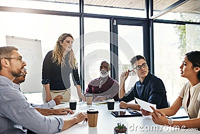 Business people meeting, communication and speaker presentation, manager speech or leader finance investment proposal Stock Photo