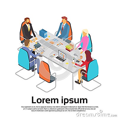 Business People Meeting Discussing Office Desk Businesspeople Working Copy Space 3d Isometric Vector Illustration
