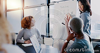 Business people meeting, explain or speaker presentation, mentor speech or leader sales strategy. Question Stock Photo