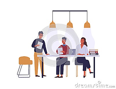 Business people meeting flat vector illustration. Coworkers cartoon characters discussion in conference room. Business Vector Illustration