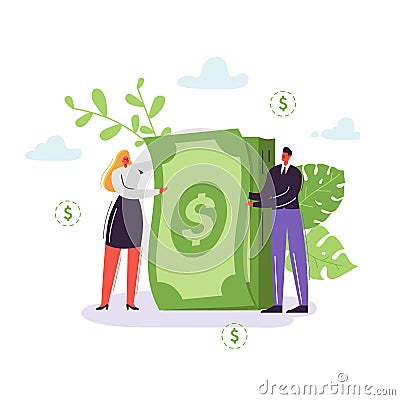 Business People with Money. Rich Businessman and Businesswoman Characters. Financial Success, Profit, Salary, Income Vector Illustration