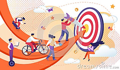 Business People Moving by Arrows to Common Target Stock Photo