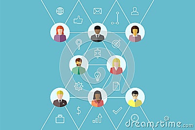 Business people and network or teamwork concept with icons and diverse group or team connected by lines Vector Illustration