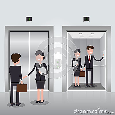 Business people in office building elevator, realistic chrome opened and closed doors. Vector Illustration