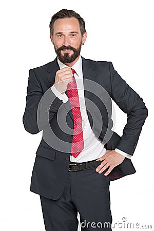 business, people and office concept - happy smiling businessman in suit. Bearded businessman in blue suit and red tie on white Stock Photo