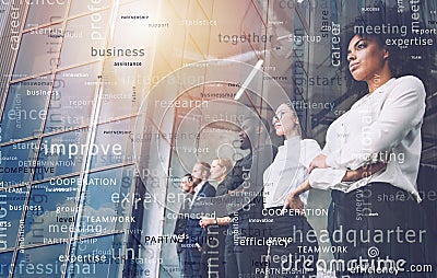 Business people in front of window look far. Future vision, teamwork startup an partnership concept. Double exposure Stock Photo