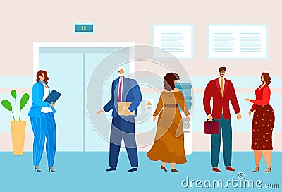 Business people in office waiting elevator, end working day, elderly businessman, design cartoon style vector Vector Illustration