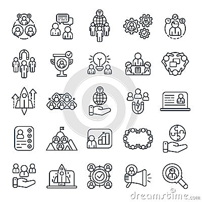 Business people outline icons. Office team brainstorm, business presentation and work partners. Teamwork line icon Vector Illustration