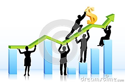 Business people pushing Dollar on Graph Vector Illustration