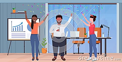 Business people raising arms colleagues having party confetti mix race coworkers celebrating event concept modern office Vector Illustration
