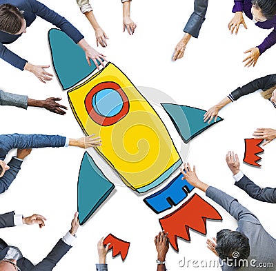 Business People Reaching for Rocket Symbol Stock Photo