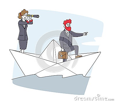 Business People Riding Ship on Sea Waves. Businesspeople Team on Paper Boat Sailing Toward Profit. Characters Floating Vector Illustration