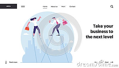 Business People Rising above of Circumstances Website Landing Page. Businessman and Businesswoman Walking Balancing Vector Illustration