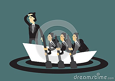 Business people rowing on a boat leaning by a leader. Concept of Vector Illustration