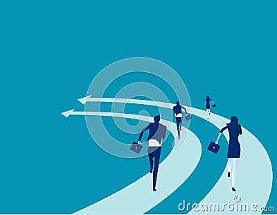 Business people run on the arrows. Concept business competition vector illustration. Flat business cartoon, Speed, Togetherness, Vector Illustration