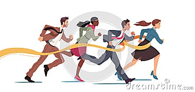 Business team run race crossing finish line ribbon Vector Illustration