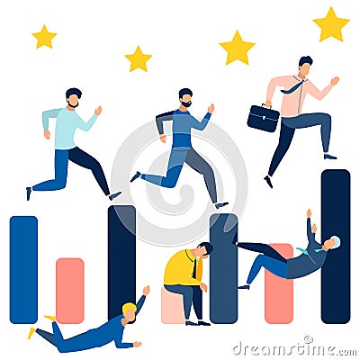 Business people running on the bar chart. Can use for web banner, infographics, hero images. In minimalist style. Flat Vector Illustration