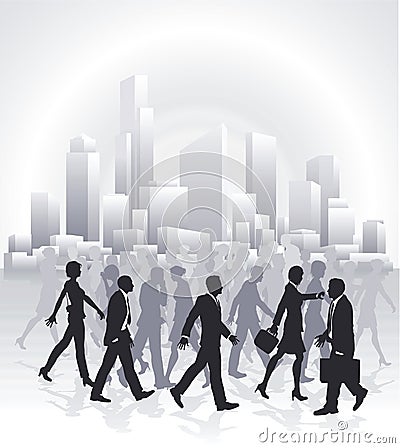 Business people rushing in front of city skyline Vector Illustration