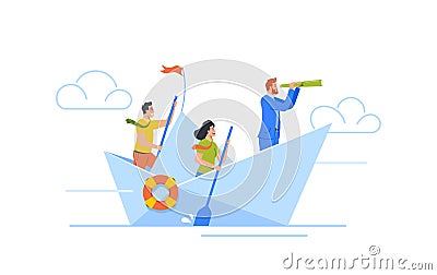 Business People Sailing On Paper Boat. Businessmen And Woman Team Row, Boss Searching Correct Way with Spyglass Vector Illustration