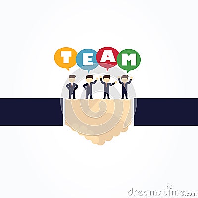 Business people saying team on the big handshake. Vector Illustration