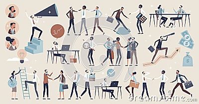 Business people set with businessman work elements tiny person collection Vector Illustration