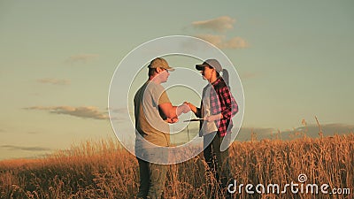 Business people shake hands on field in sun. The conclusion of the deal, agreed. Stock Photo