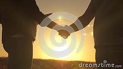 Business people shake hands in a wheat field in the sun. Business, teamwork. A male farmer extends his hand to a female Stock Photo