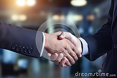 Business people shaking hands, finishing up a meeting or negotiation. Concept of partnership and cooperation, handshaking close up Stock Photo