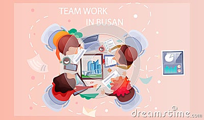 Business people showing joint teamwork, concept banner with text team work in Busan modern city Vector Illustration