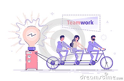 Business people are sitting on the bicycle and generating electric power for a large bulb. Idea generation. Brainstorm and Vector Illustration